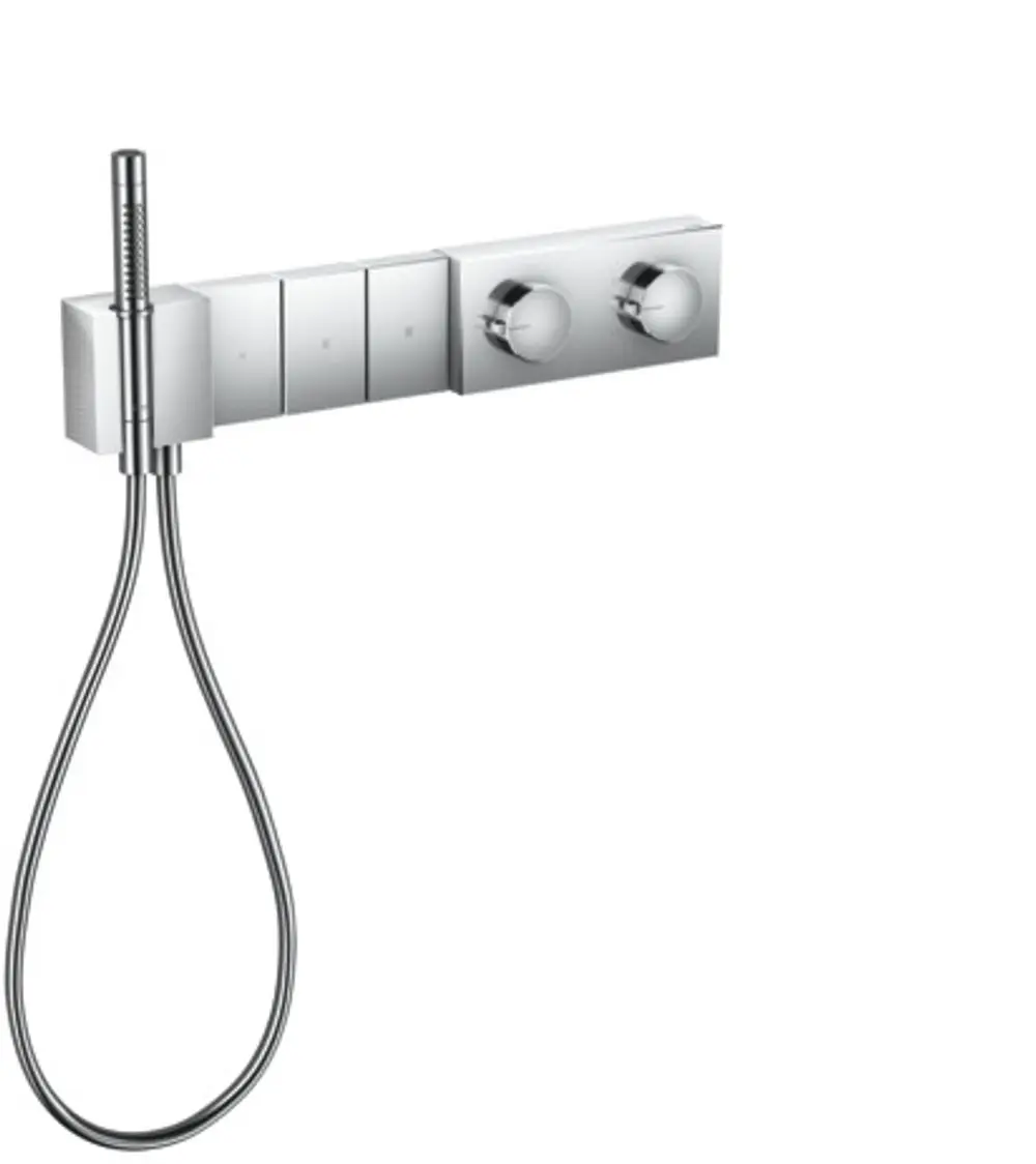 Thermostatmodul von AXOR mit Steuerungselementen für Wasserverbrauch, ausgestattet mit einer Handbrause. Moderne, flache Oberfläche in Chromoptik.